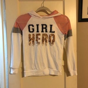 Girl hero sequin hoodie with mesh shoulders